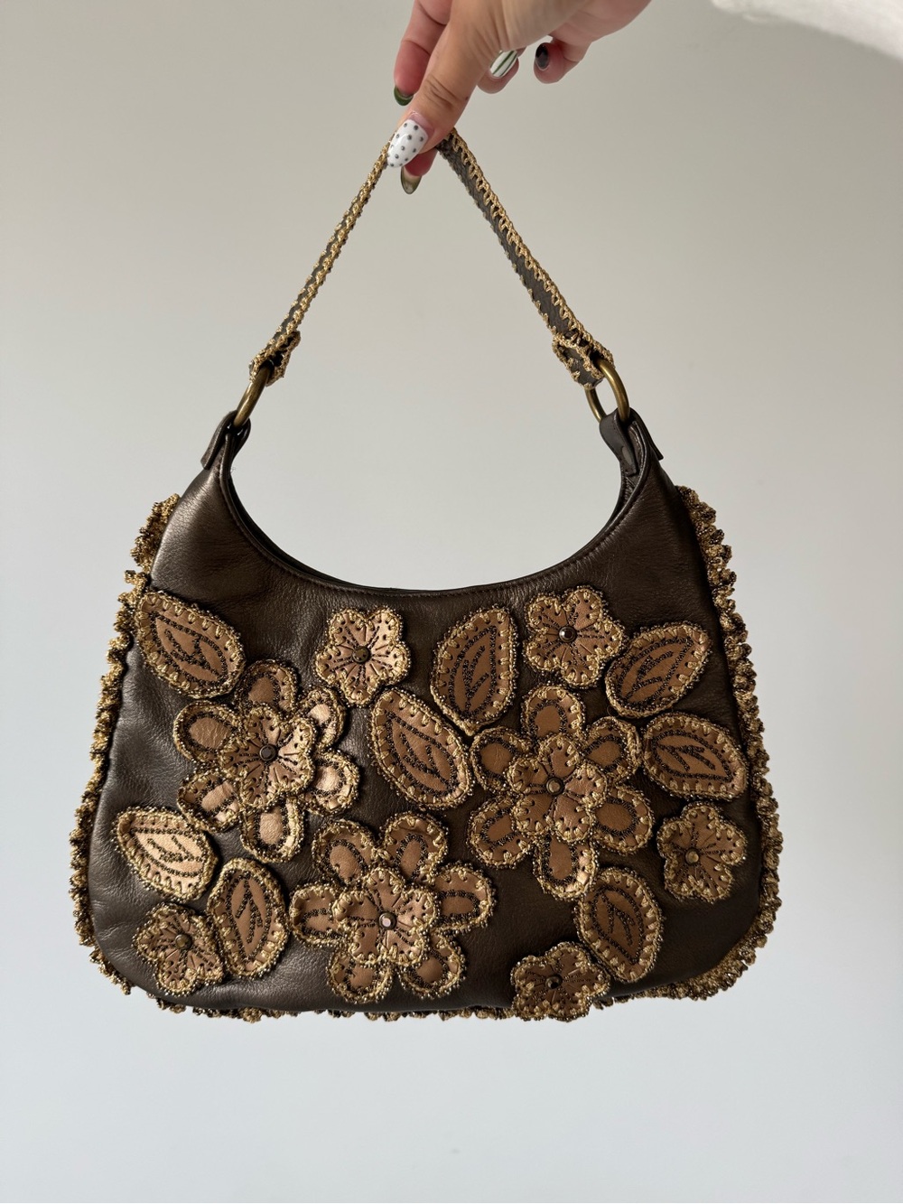 Isabella Fiore Brown Floral Appliqué Leather Shoulder Bag